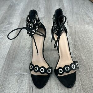 ASOS black suede stiletto heels with silver ring hardware detail ankle lace tie
